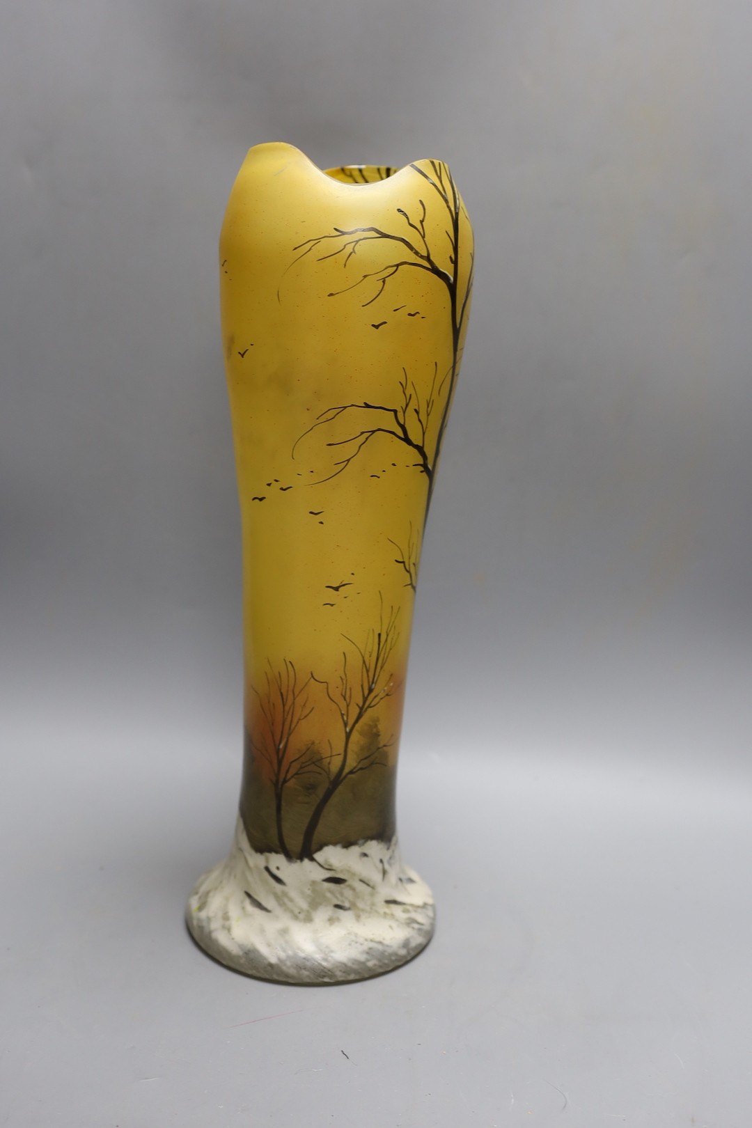 A large Legras enamelled ‘Winter landscape’ glass vase 41cm